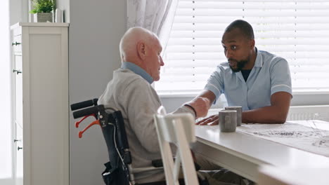elderly man in wheelchair talking with caregiver at home