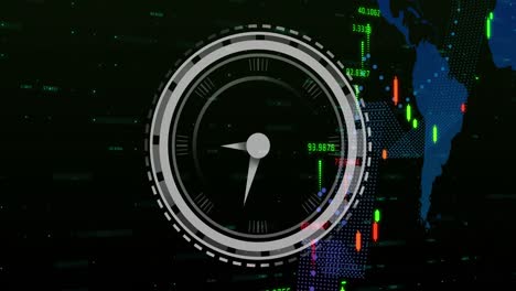 animation of ticking clock and financial data processing against black background