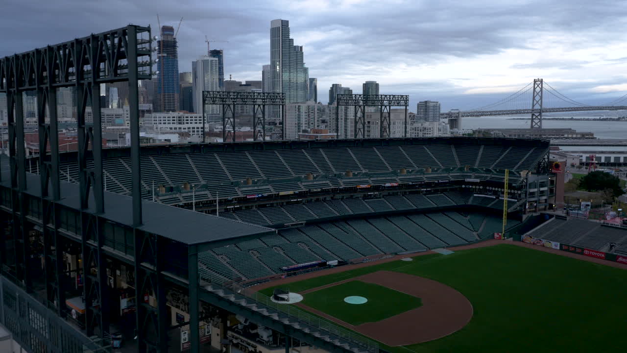 Panoramic View of Empty Oracle Park with San Francisco Skyline and Bay Bridge