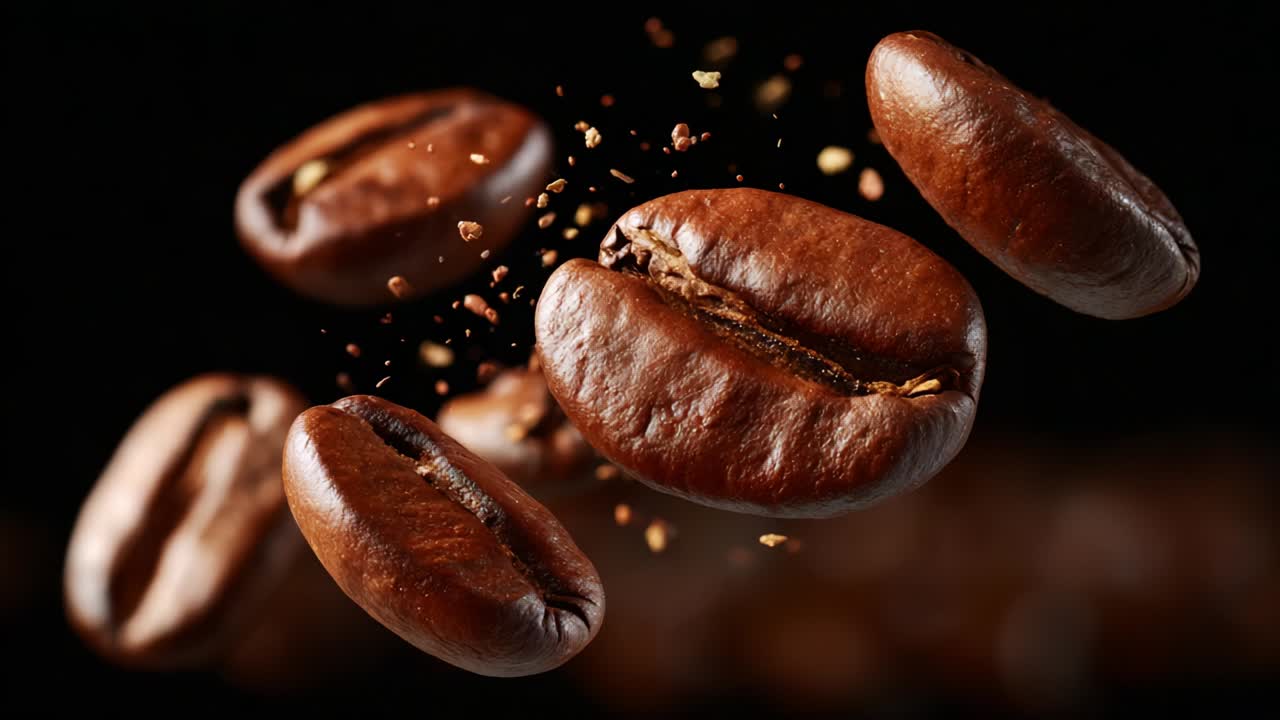 Et fængslende visuelt billede af kaffebønner i luften, der viser deres rige, mørke farve og blanke tekstur, med en kunstnerisk eksplosion af formalede kaffepartikler, der fremhæver essensen af førsteklasses kvalitet og aromatisk friskhed