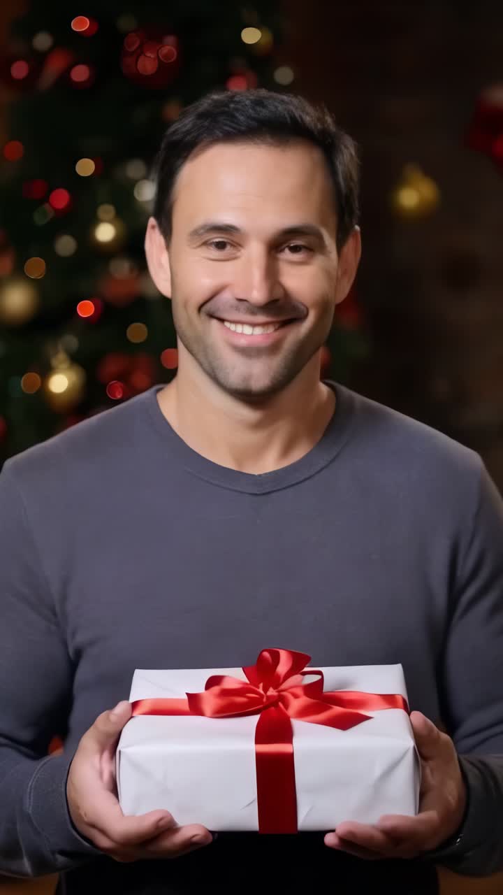 Smiling Latin young man holding Christmas gift, looking at camera