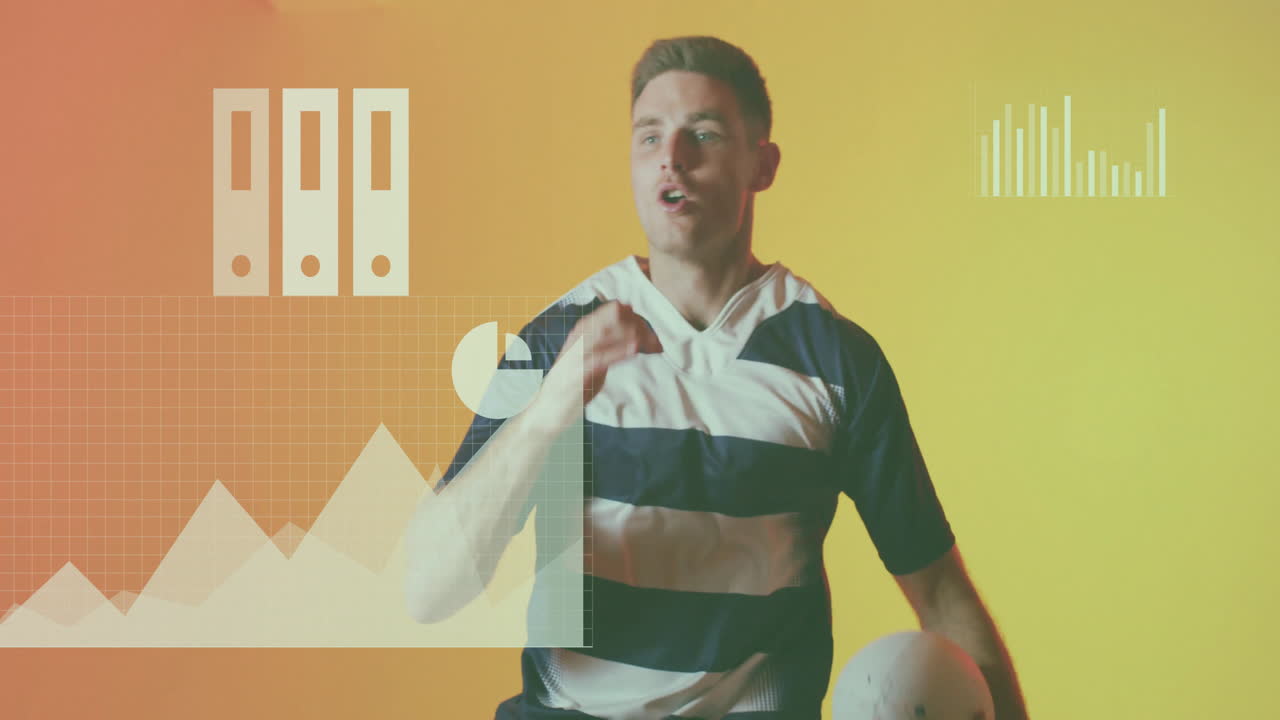 Rugby player holding ball with data charts and graphs overlay animation
