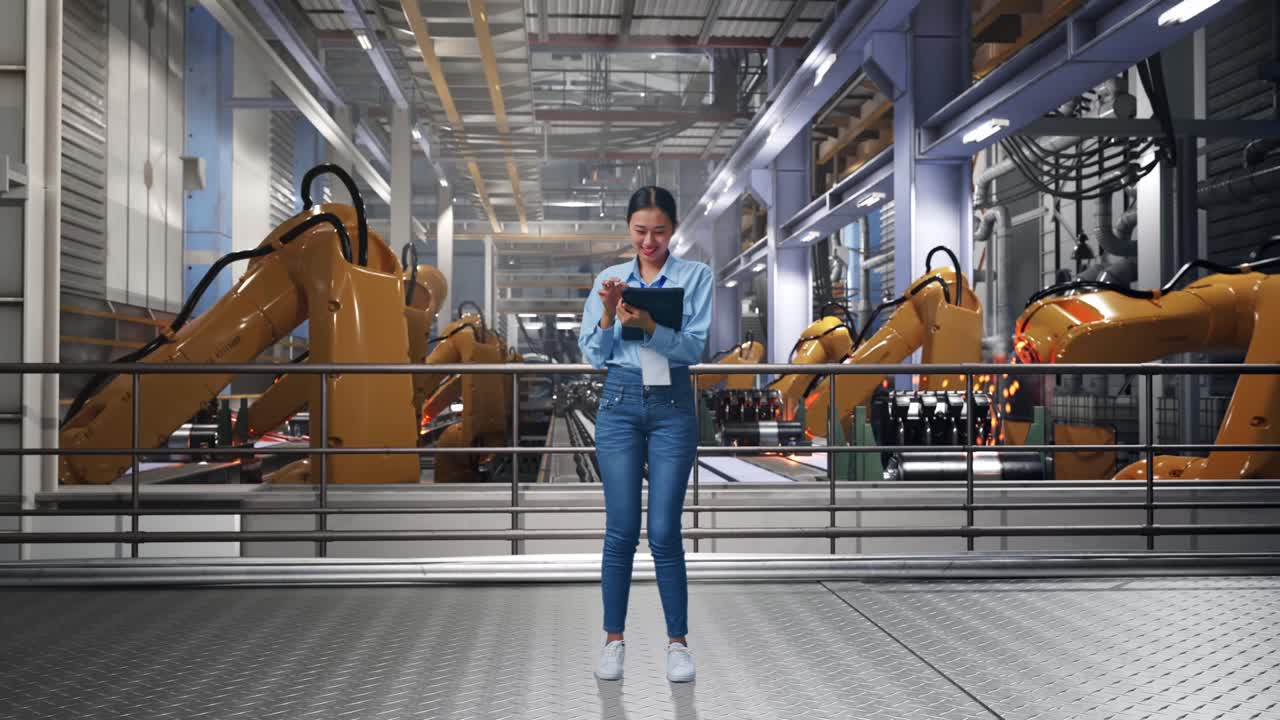 Full Body Of Asian Female With Her Tablet With Industrial Robotic Arms Working, Typing On Her Tablet'S Keybaord With Meditation