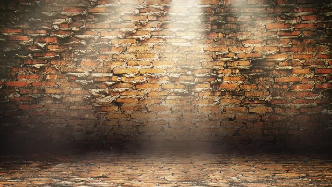 Light beam at the empty stage with concert spot lighting over dark background and brick wall room