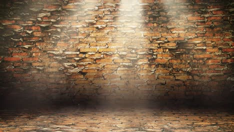 light beam at the empty stage with concert spot lighting over dark background and brick wall room