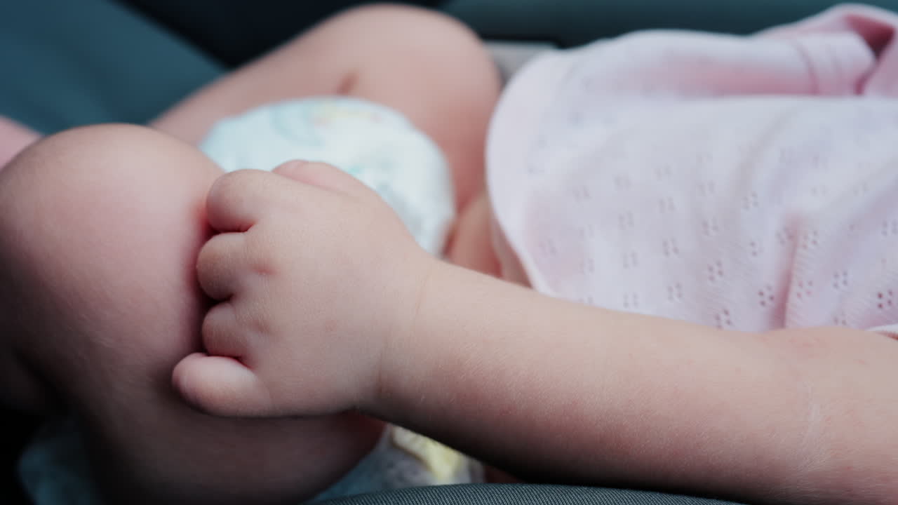 Close up of a baby legs and tiny hands while sitting in a stroller