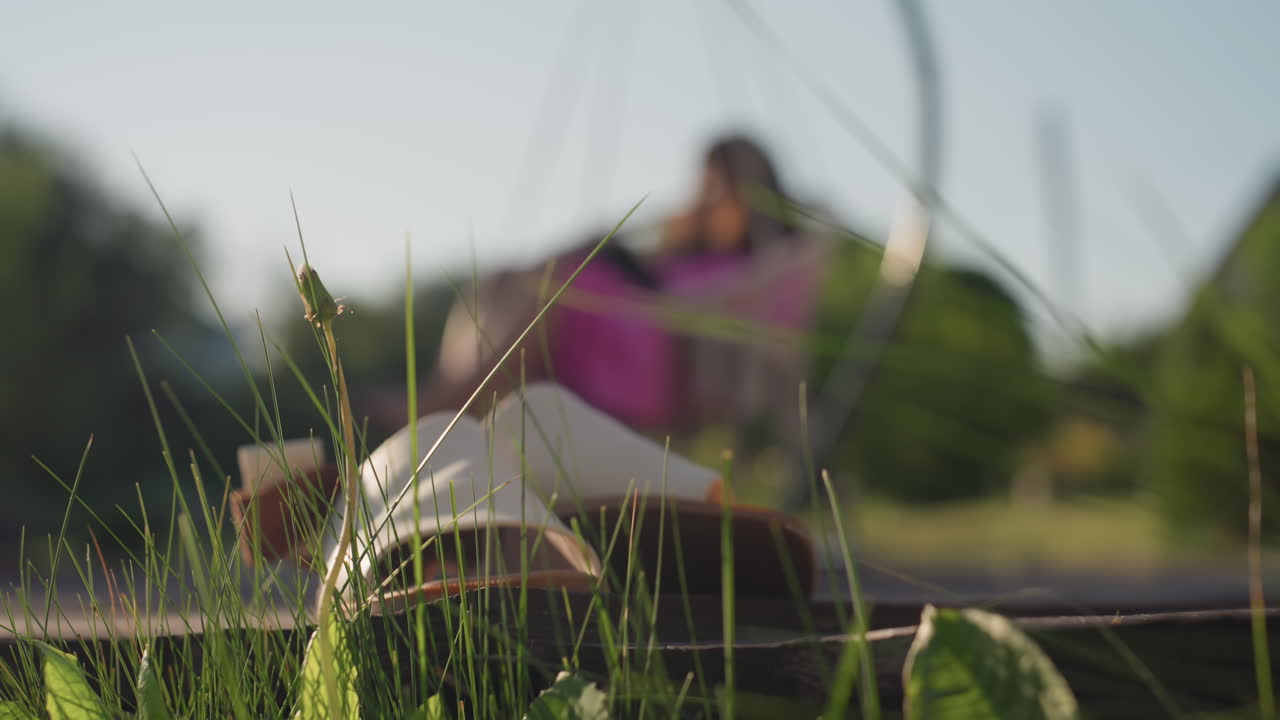 Summer Outdoor Scene With Blurred Background, Quiet Moment Of Reading On Sunny Outdoor Lawn, Natural Outdoor Setting Showing Person Reading Amidst Grass And Shells With Blurred Background