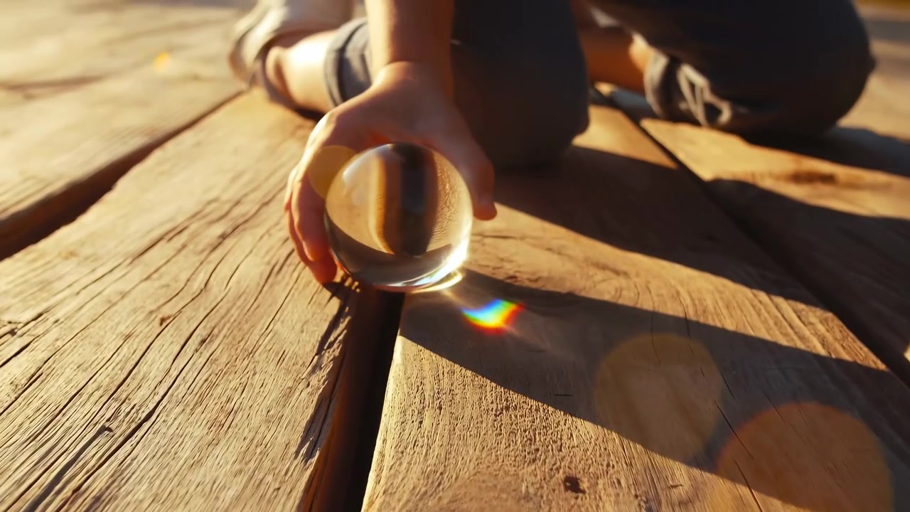 Middle frame shows a person kneeling near rustic weathered wooden planks bathed in warm sunlight