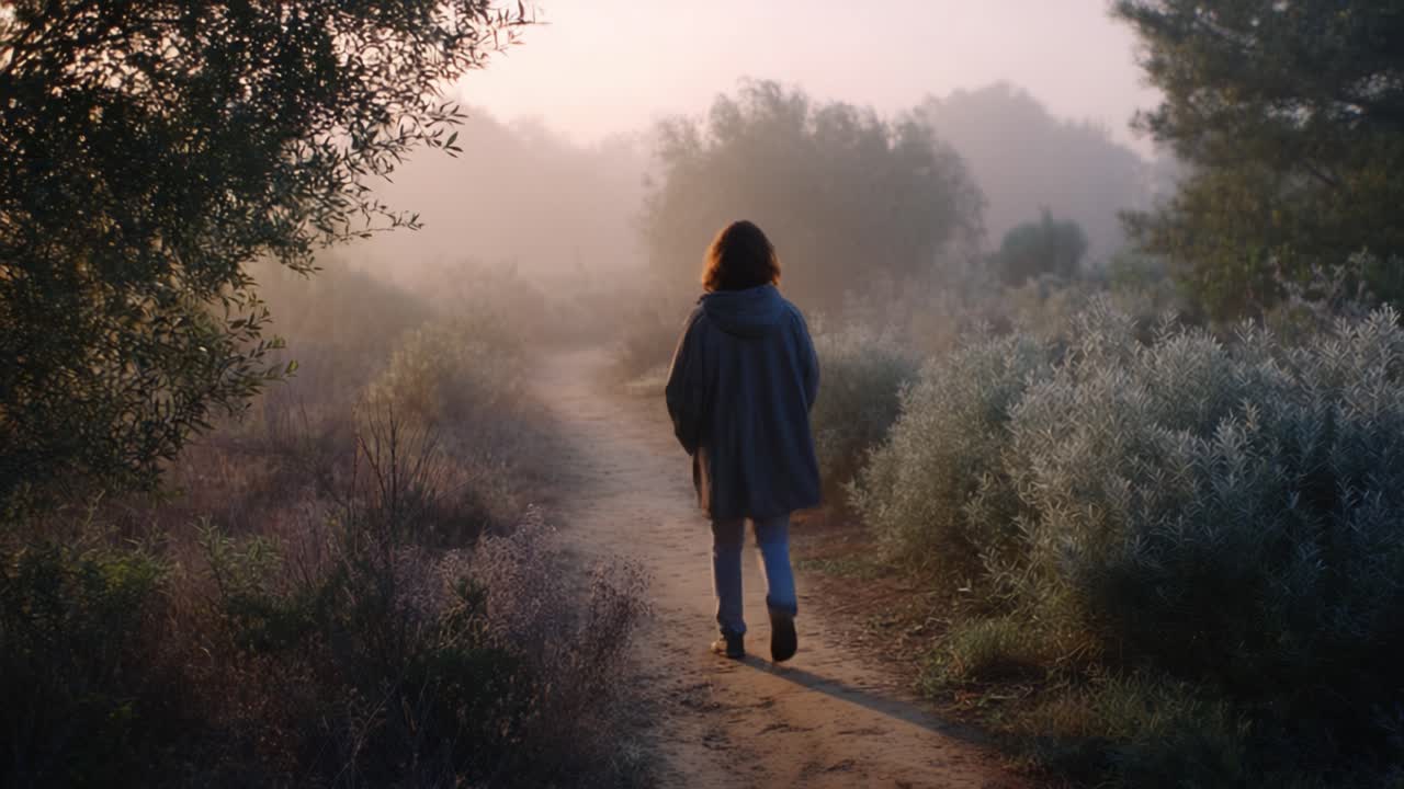 A solitary figure walks along a misty path surrounded by lush greenery and soft morning light, embracing the tranquility of nature at dawn