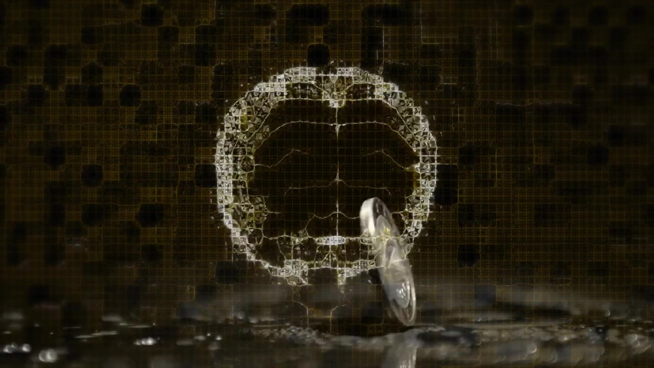 upright coin spinning on surface initiating golden grid brain outline emerging for neural clarity