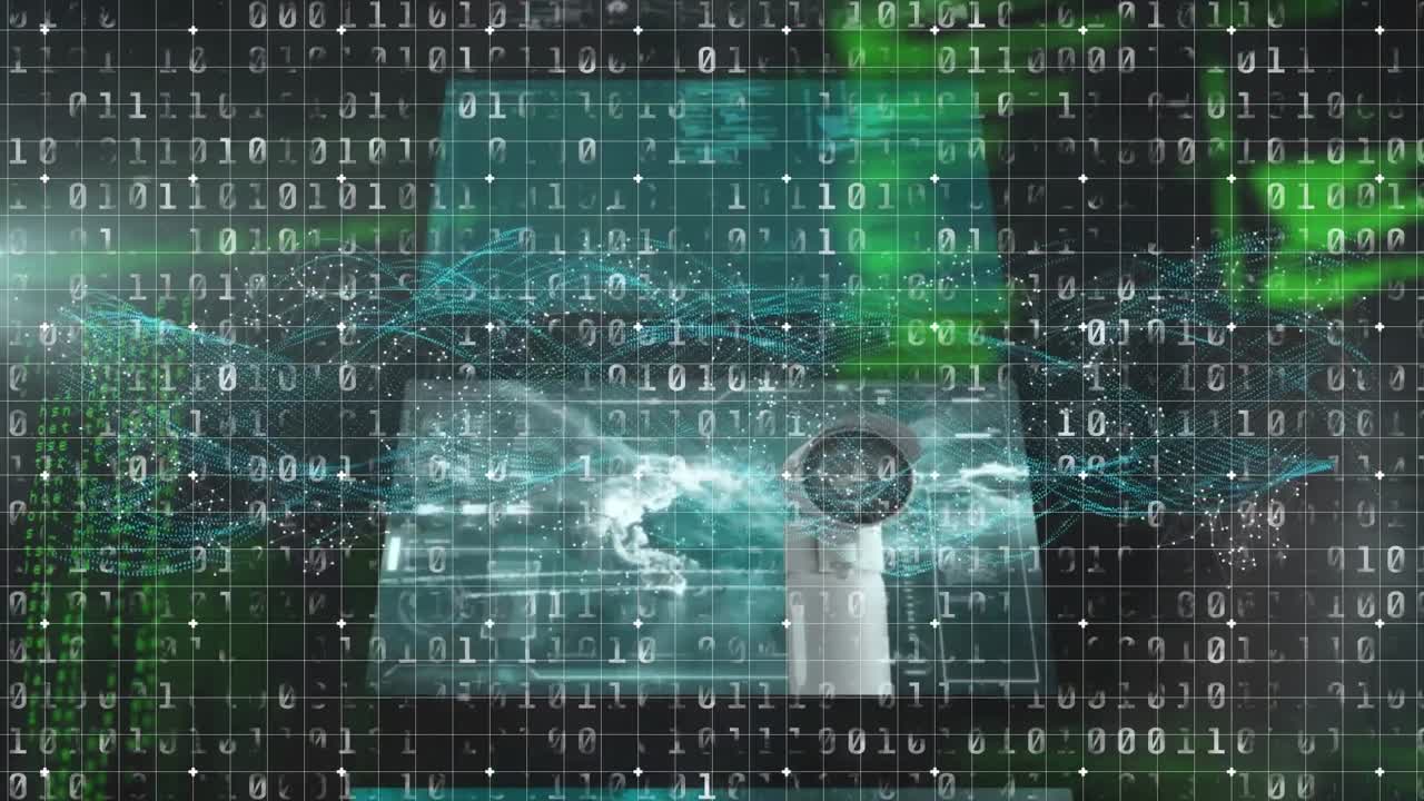 animación del procesamiento de datos científicos en pantallas con fondo oscuro