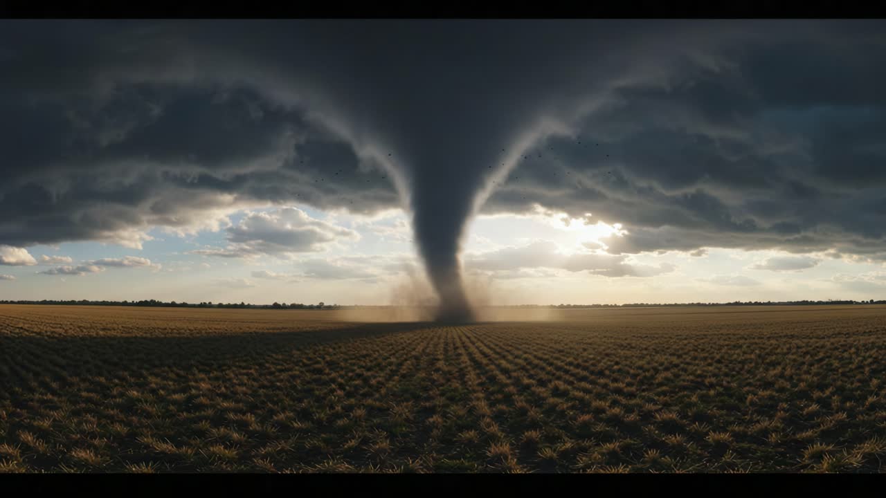 A Dramatic Tornado Forms in a Vast Open Field Under Dark Clouds, Capturing the Power of Nature as Dust Swirls in Its Wake and Light Breaks Through the Stormy Skies