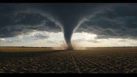 a dramatic tornado forms in a vast open field under dark clouds, capturing the power of nature as dust swirls in its wake and light breaks through the stormy skies