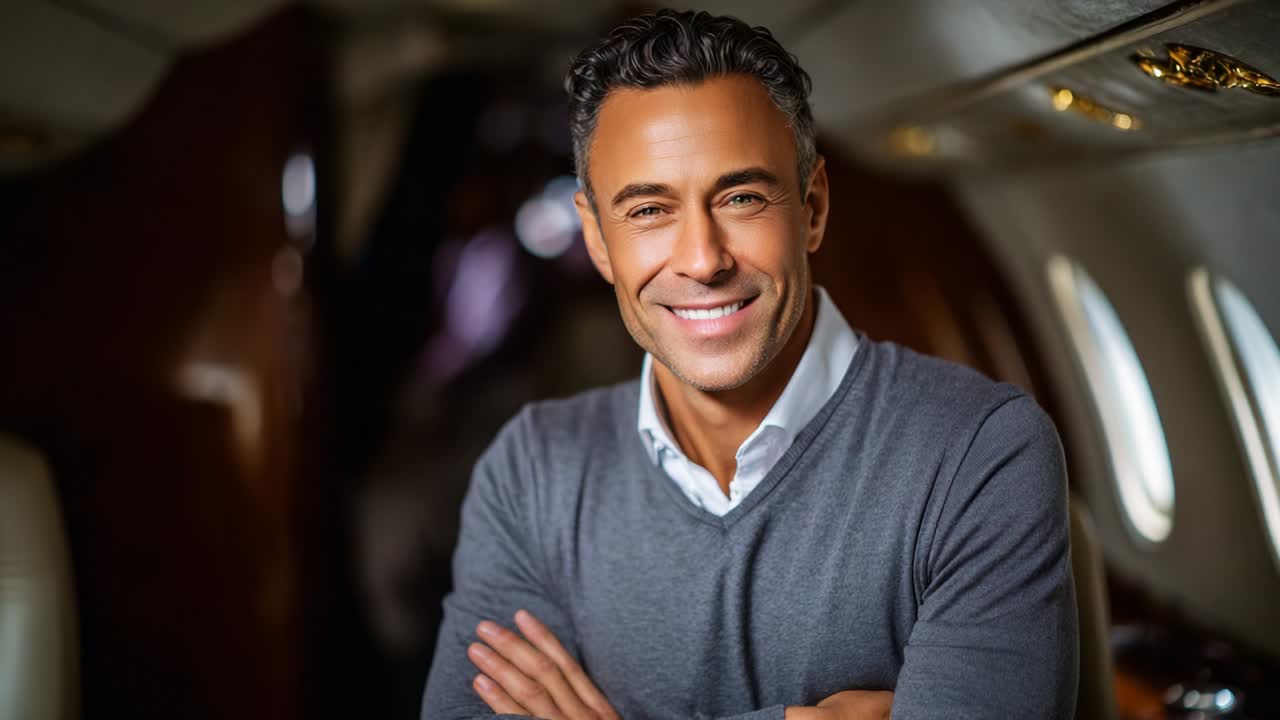 A Confident Smiling Man in a Luxury Jet Cabin Portraying Success and Comfort in an Elegant Atmosphere While Relaxing in a Private Setting with a Modern Aesthetic and Soft Lighting