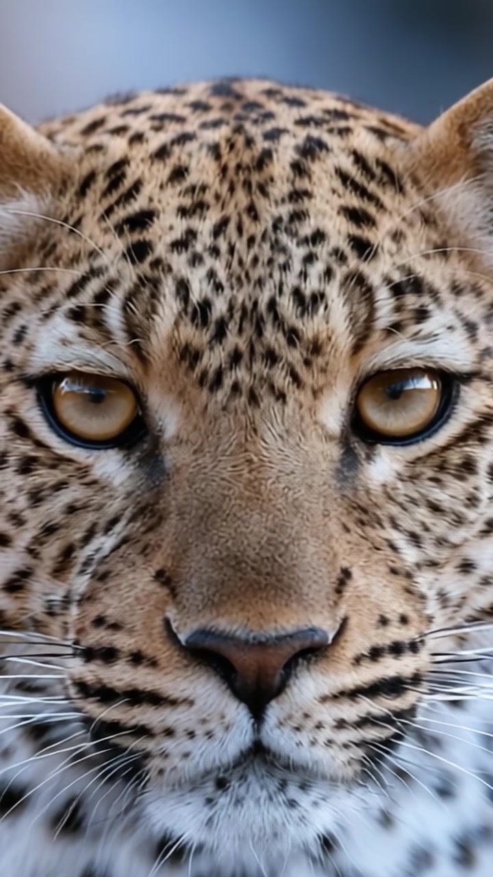 Görkemli bir leoparın yüzünün çarpıcı yakın çekimi, kürkünün karmaşık desenlerini ve keskin bakışlarını yakalayarak doğanın vahşi güzelliğini ve gücünü sergiliyor.