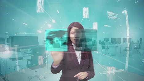 animación de una mujer de negocios con pantalla táctil con procesamiento de datos financieros en una oficina vacía