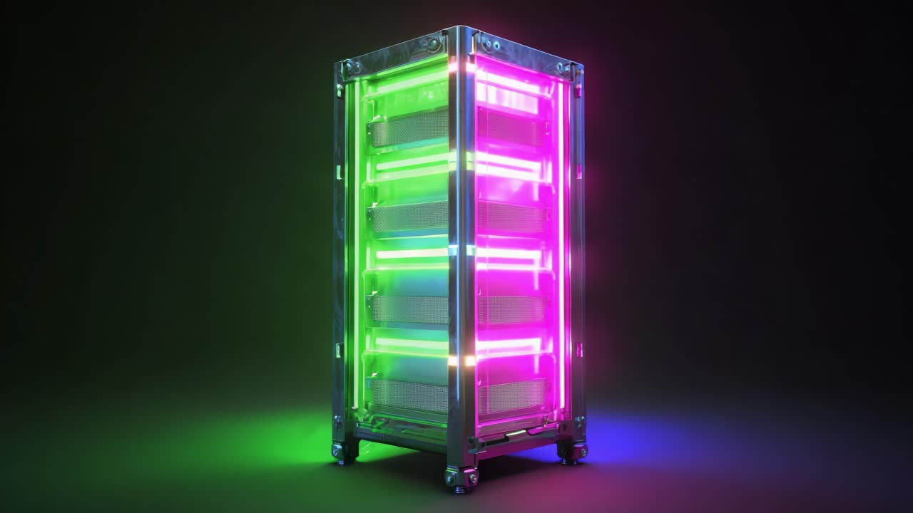 A stunning display of modern technology, featuring a sleek, illuminated storage unit with vibrant green and pink lights that enhance its design and functionality in a futuristic setting