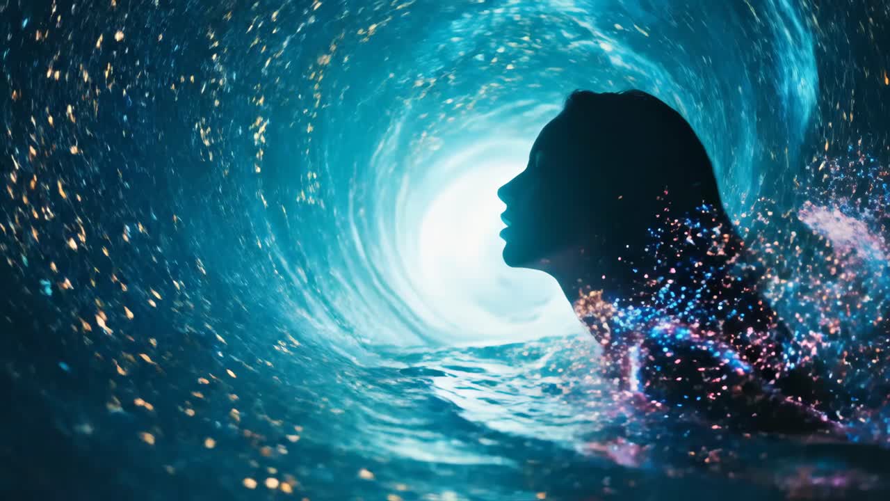 Silhouette of a Woman in a Cosmic Water Portal