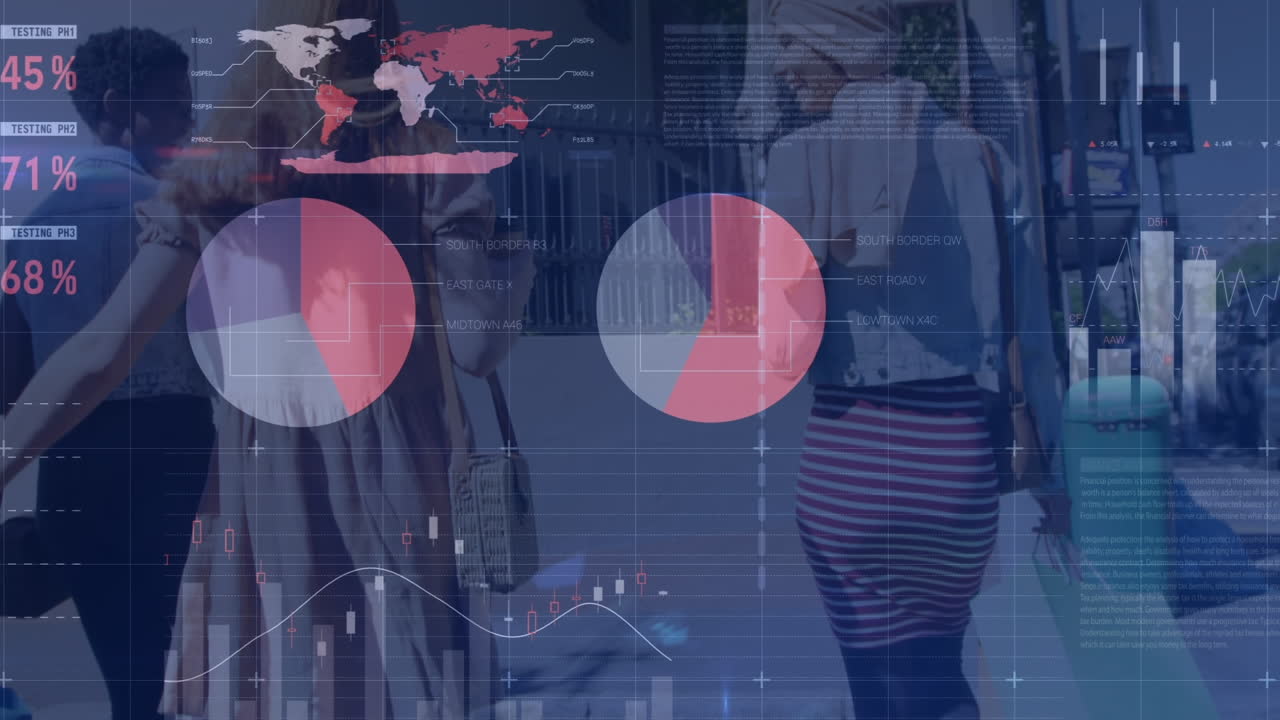 animación del procesamiento de datos financieros sobre un grupo de mujeres que caminan