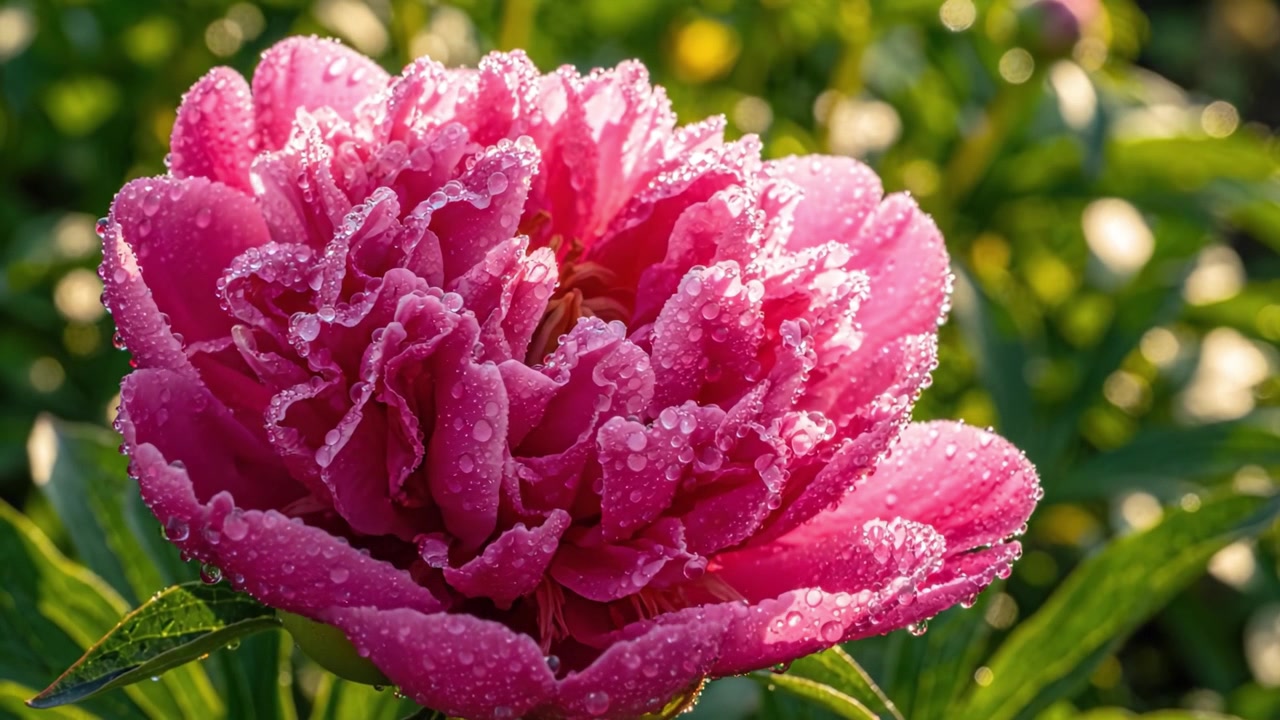 Un primer plano de una flor de peonía rosa rociada de rocío iluminada por la luz de la mañana, capturando la belleza de la floración de la naturaleza con un detalle impresionante