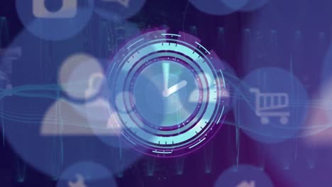 Animation-of-icon-in-circles-over-digital-clock-and-computer-language-against-abstract-background