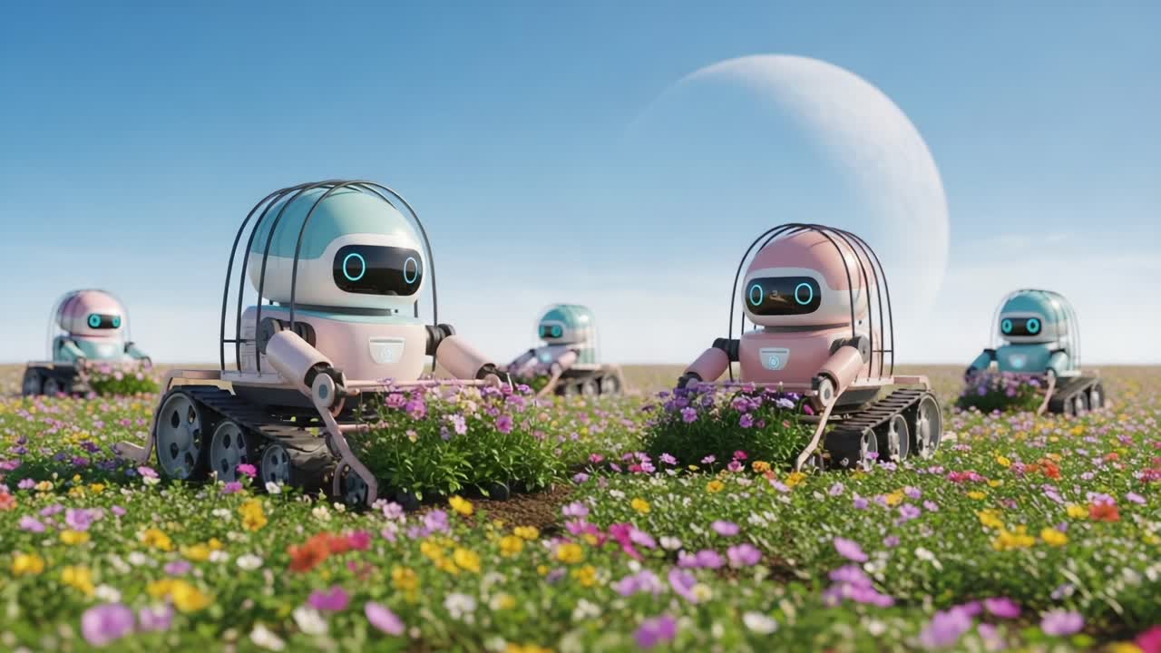 Una scena stravagante di giardinieri robotici che si prendono cura di fiori colorati in un paesaggio alieno sotto un cielo vivace con un corpo celeste sullo sfondo