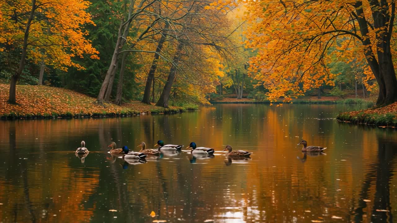 A Tranquil Autumn Scene Featuring Ducks Swimming in a Serene Lake Surrounded by Vibrant Fall Foliage and Reflections in Golden Light