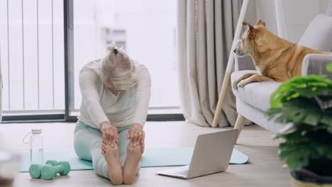 Mujer-Meditando-Mientras-Sigue-Un-Tutorial-De-Yoga