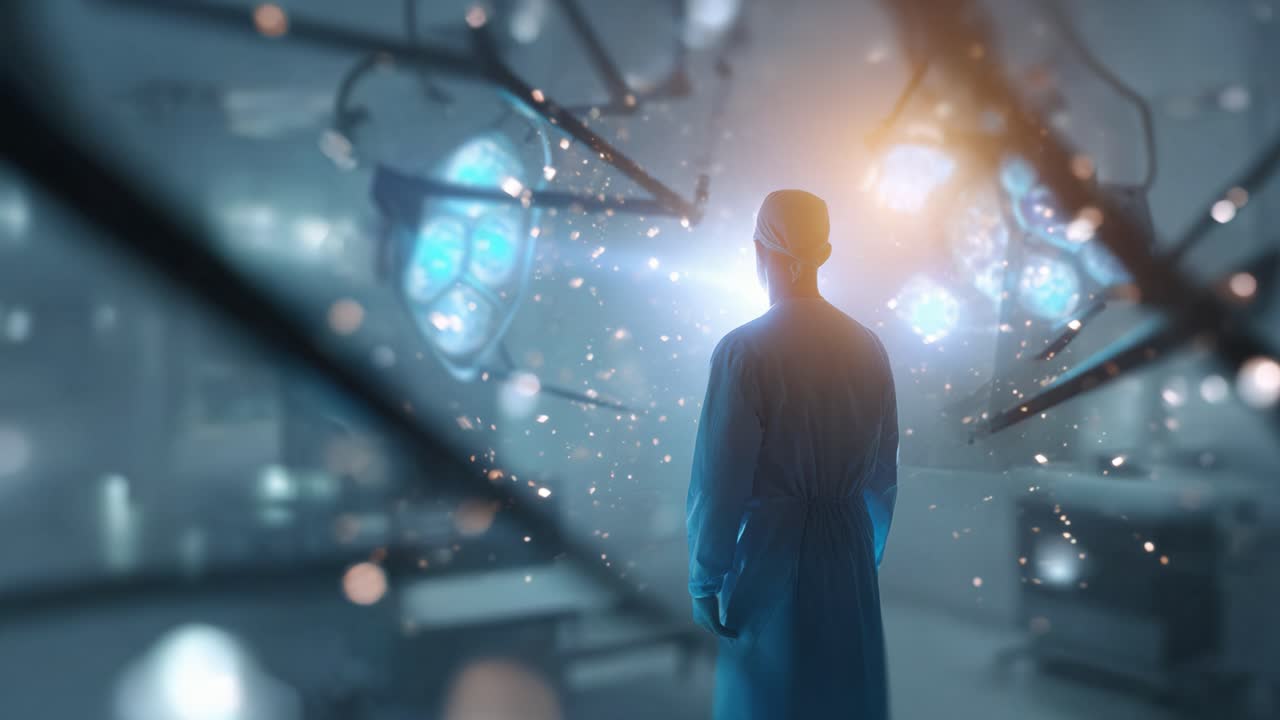 Uma figura solene em trajes cirúrgicos está em uma sala de cirurgia avançada, iluminada por luzes azuis, evocando uma sensação de expectativa e precisão na área médica