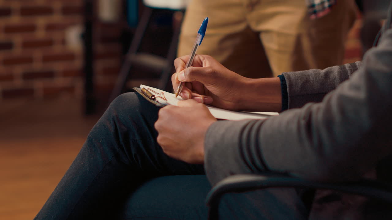 African american specialist taking notes at therapy session
