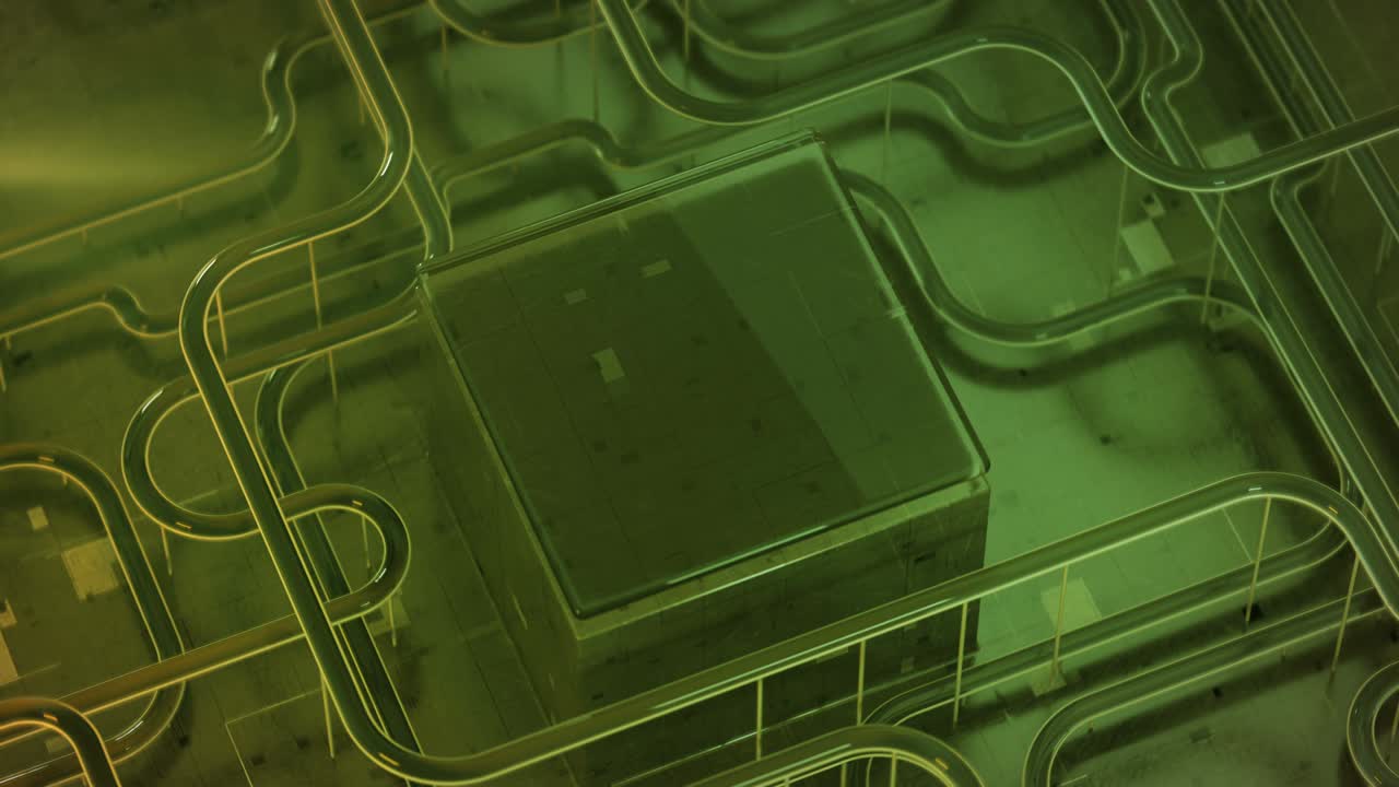 cubo verde y tubos especulares de bucle sin costura animación de renderizado en 3d