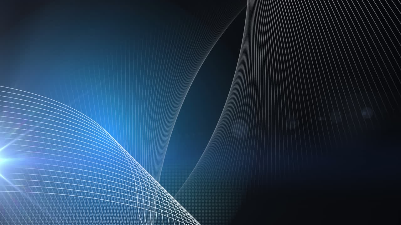 Animation of white mesh spinning over glowing lights on blue background