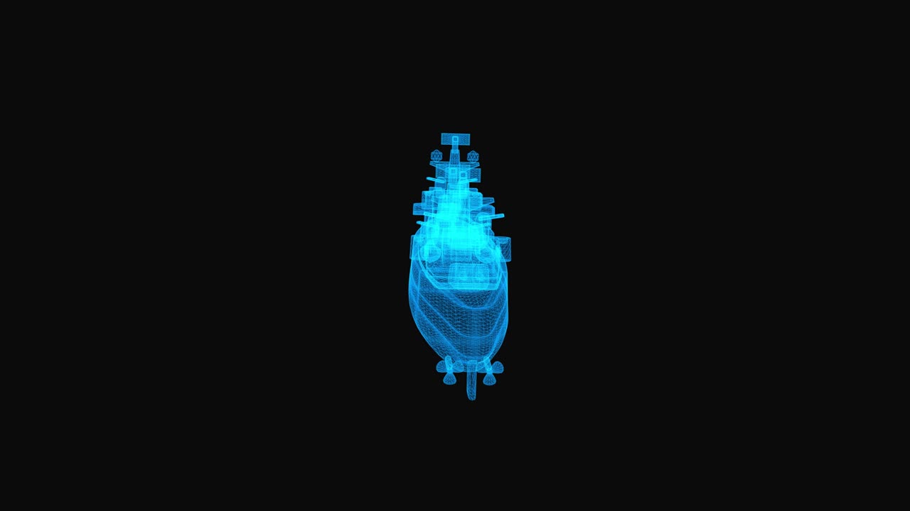 War ship wireframe scheme. 3d render with blue grid lines. Loop rotation on black background.