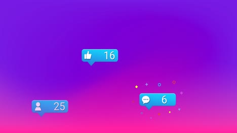 animación de las reacciones de las redes sociales sobre un fondo rosado y violeta