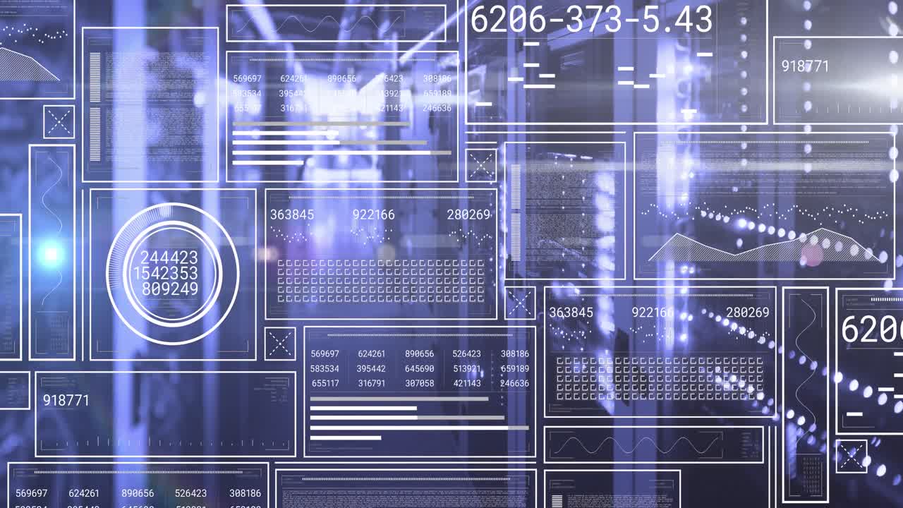 animación de pantallas de hud con números cambiantes, gráficos, barras de carga, círculos sobre la sala del servidor