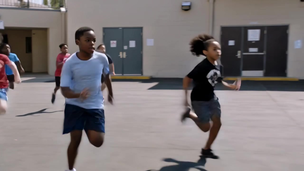 Sprinting students launching from beige doors during recess across asphalt, in T-shirts, copy space