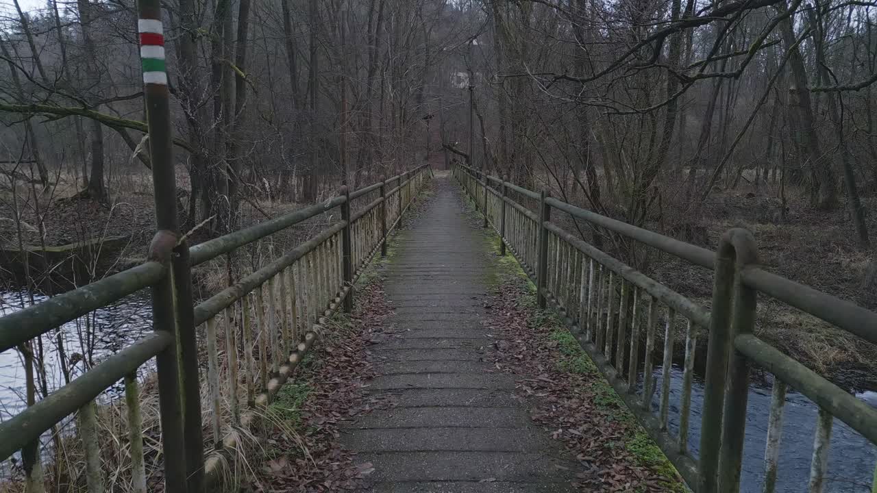 Reverse dolly reveals corroded river footbridge amid stark bare forest