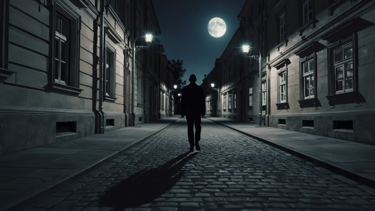 Silhouette of a Person Walking Down a Cobblestone Alley at Night