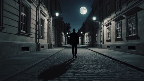 silhouette of a person walking down a cobblestone alley at night