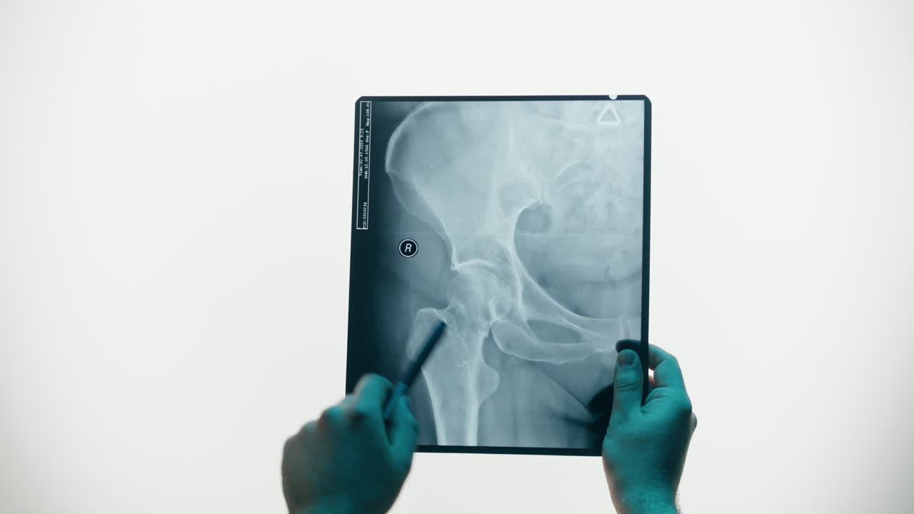 Medico che esamina una radiografia dell'anca con una penna.