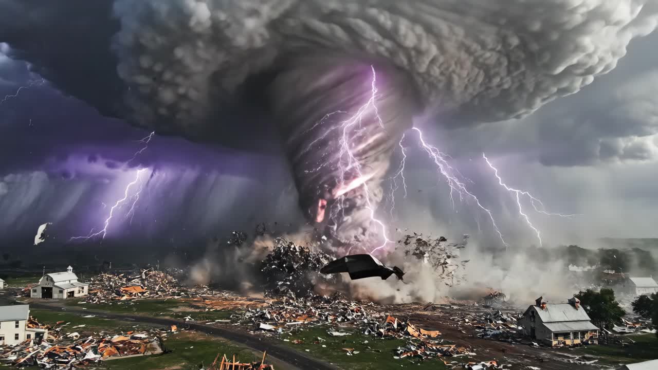 A powerful and destructive tornado ripping through a rural area