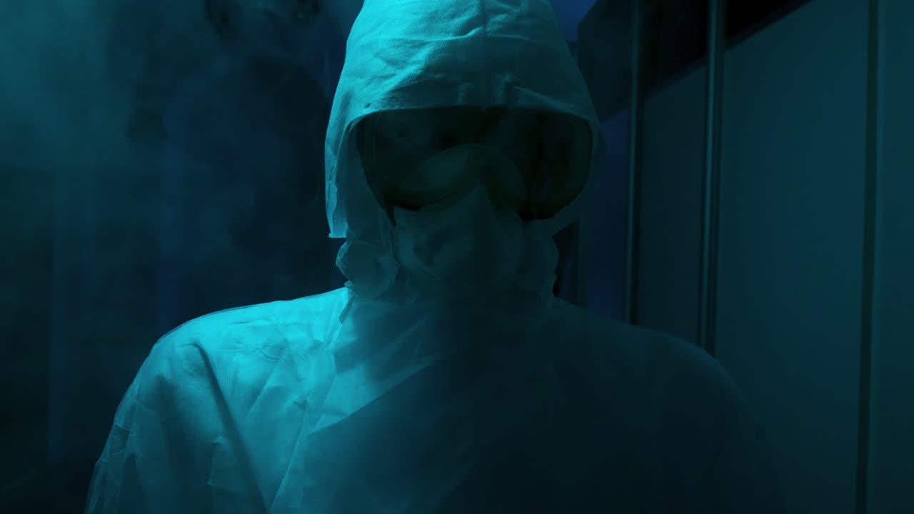 persona con equipo de protección en un cuarto oscuro