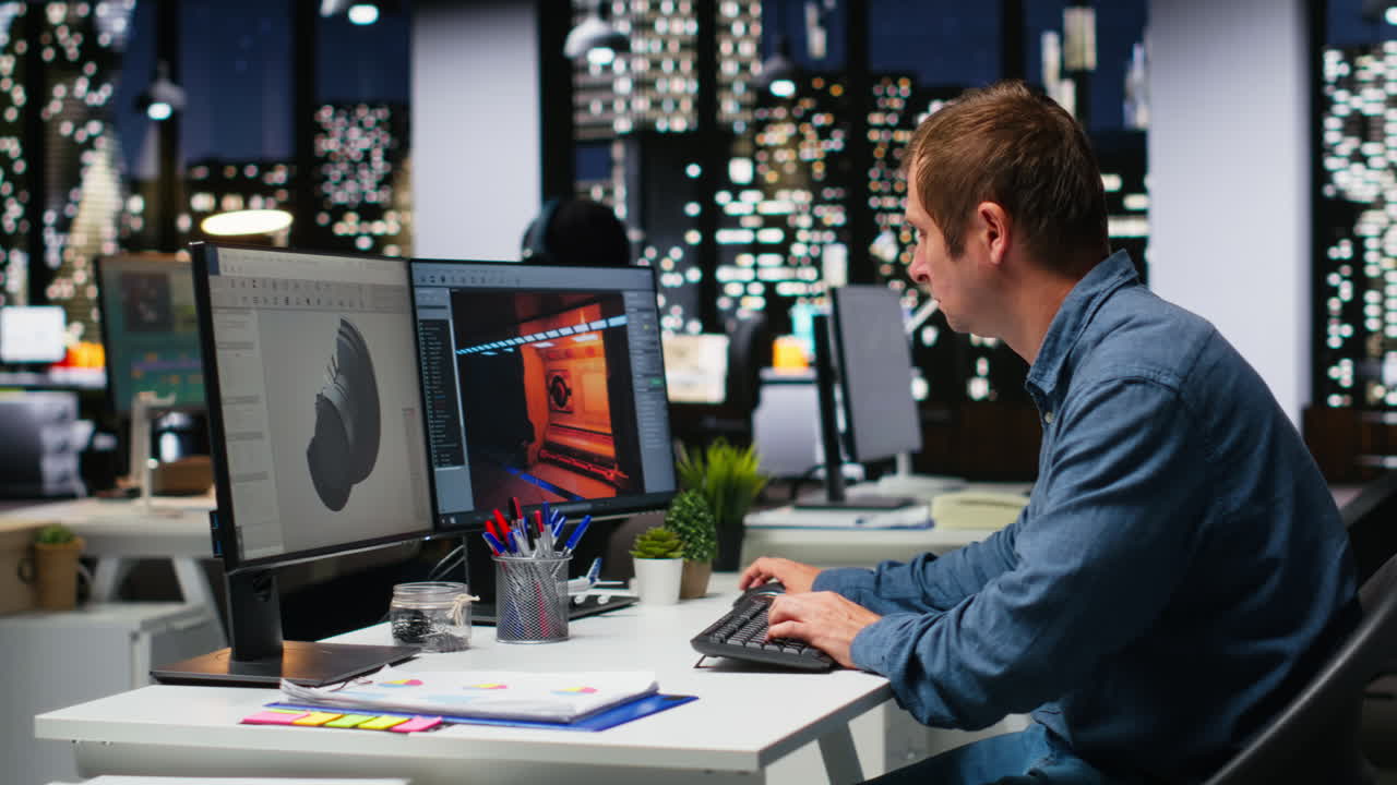 Male IT engineer uses AI techniques to create video game and a turbine