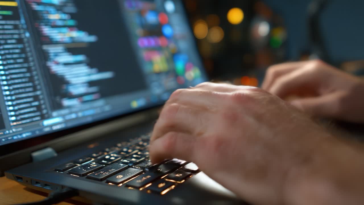 Zaujatý programátor píše kód na notebooku s barevnými světly odrážejícími se z obrazovky, demonstrující umění vývoje softwaru a probíhajícího ladění.