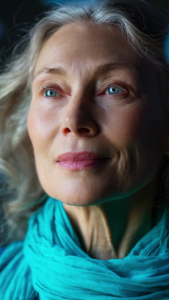 Captivating Portrait of a Mature Woman with Graceful Features and a Soft Expression, Illuminated by Natural Light, Exuding Calmness and Contentment