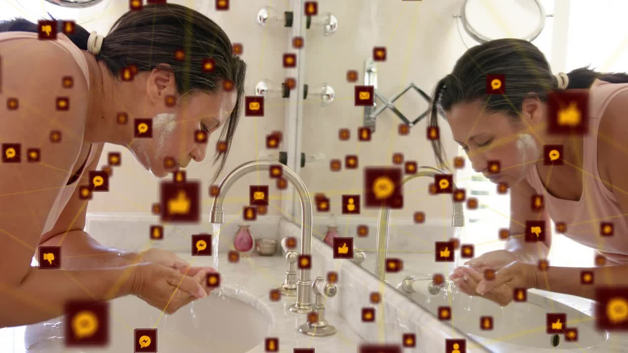 Woman cupping under faucet, rinsing foam, finishing beauty routine in mirror, orange icons drifting