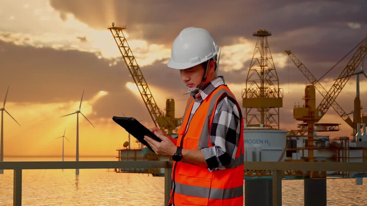 Side View Of Asian Male Engineer With Safety Helmet Working On A Tablet While Standing With Offshore Hydrogen Production