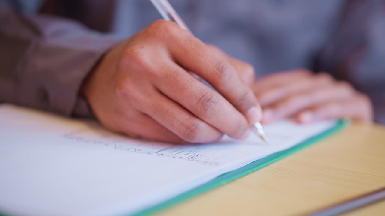 Close-up of young man's hand sketching architectural layout on white paper with ballpoint pen, focused on drawing with precise lines on clipboard, illustrating creativity, detail, and concentration during design process