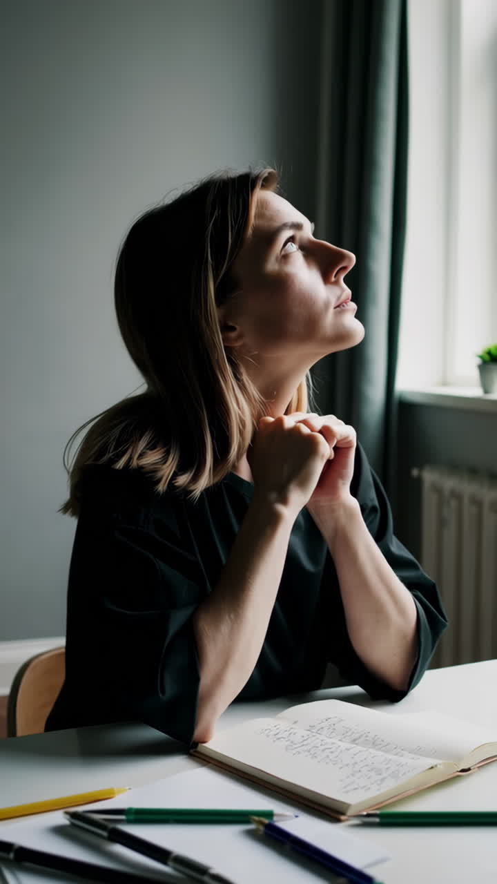 Woman Deep in Thought While Studying