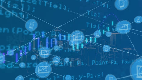 animation of network of connections with icons and data processing over blue background